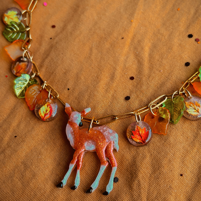 Deer and Leaf Charm Necklace