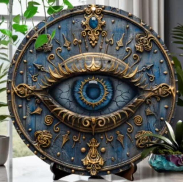 Vintage rond metalen bord Alziend Oog (20cm) Nieuw.