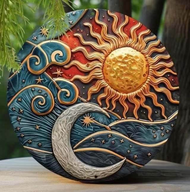 Vintage rond metalen bord Zon en maan golven (20cm)