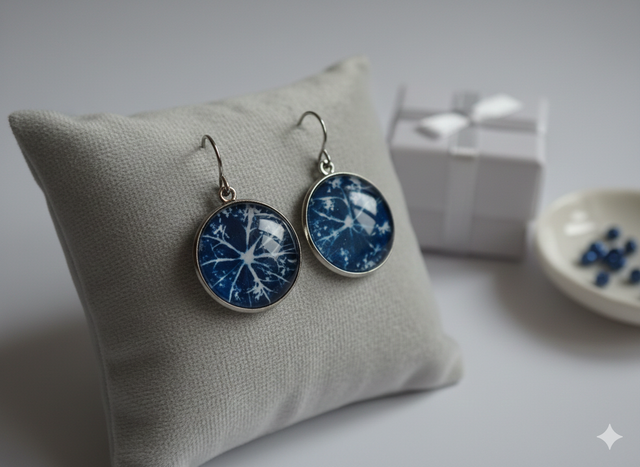 Boucles d'oreilles dormeuses bleu cyanotype