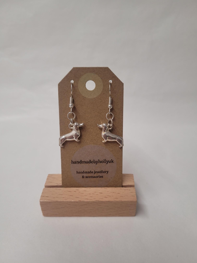 Dachshund Charm Drop Earrings - Silver Plated - HBH-025