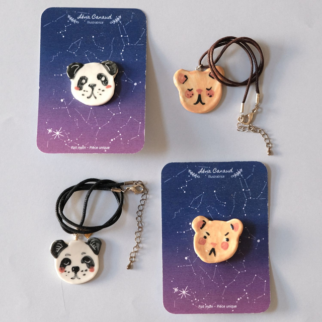 Broche et colliers céramique - Famille Panda et Ours