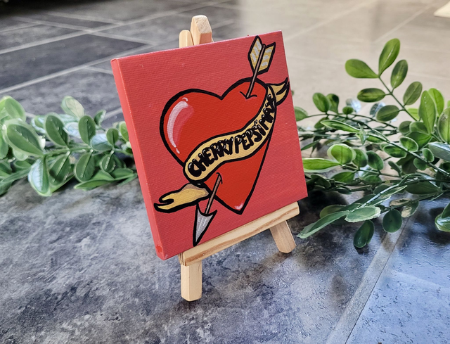 Original Mini Canvas Painting – Cherry Pepsi Max Tattoo Heart &amp; Arrow with Scroll