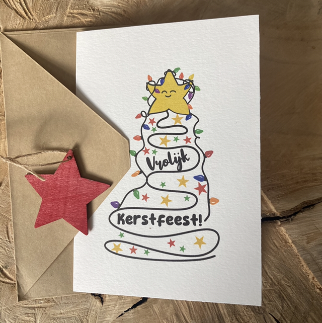 Vrolijke Kerstkaart met Houten Kerstster | gevouwen kaart | met envelop | Vrolijk Kerstfeest 
