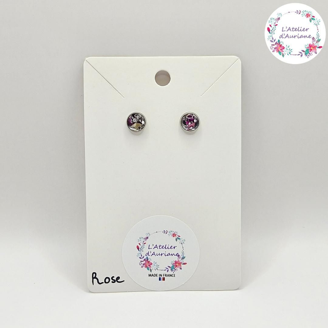 Puces d'oreilles "Rose &amp; feuilles d'argent" argentées