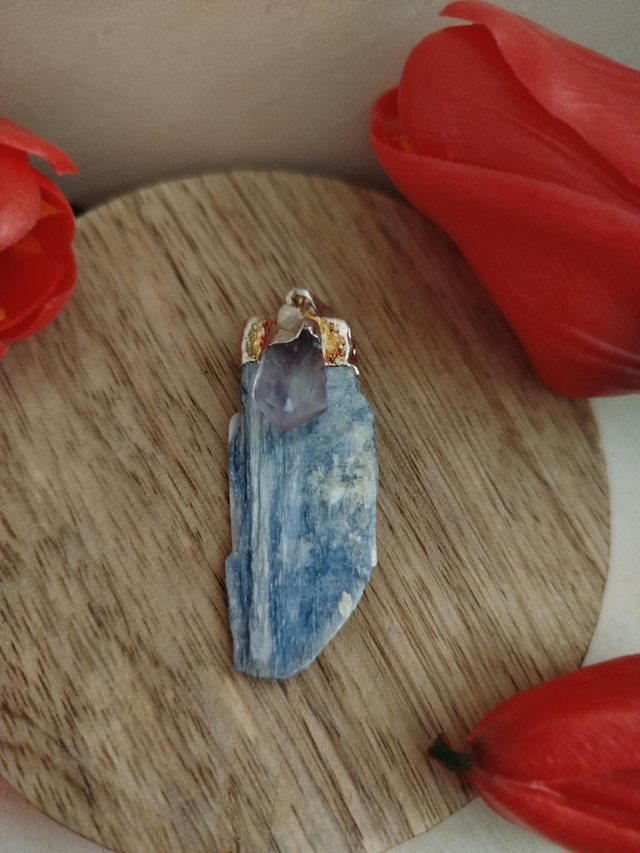 Pendentif Cyanite bleue & Améthyste brute