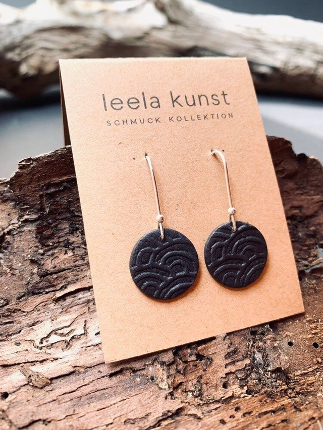 Waves Porcelain Jewelry | Ceramic Earrings | dangling natural black handcrafted earrings with real silver earwires