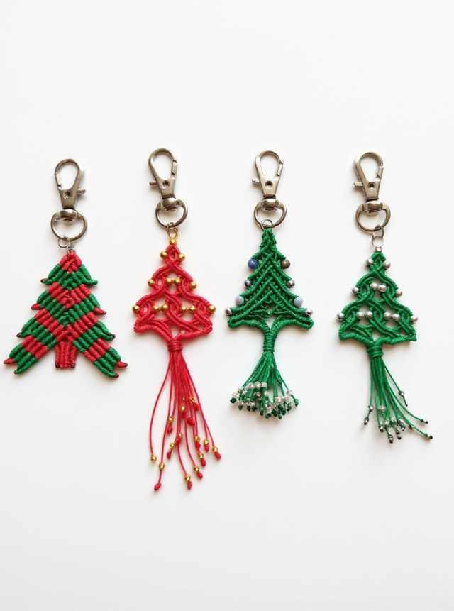 Porte-clé sapin en micro-macramé
