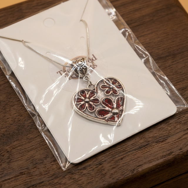 Silver Plated Heart Shaped Resin Necklace with Red Glitter Flowers - TT144