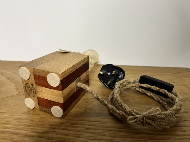 Handcrafted Oak, Padauk & Maple Accent Lamp with Edison Bulb.