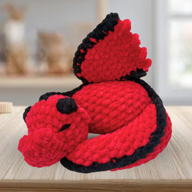 Crochet Chenille Sleeping Dragon, Red & Black, ukca tested
