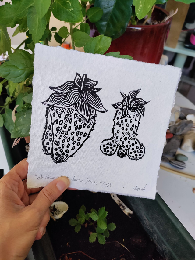 impression linogravure fraises "Monsieur et Madame Fraise" 15X15cm