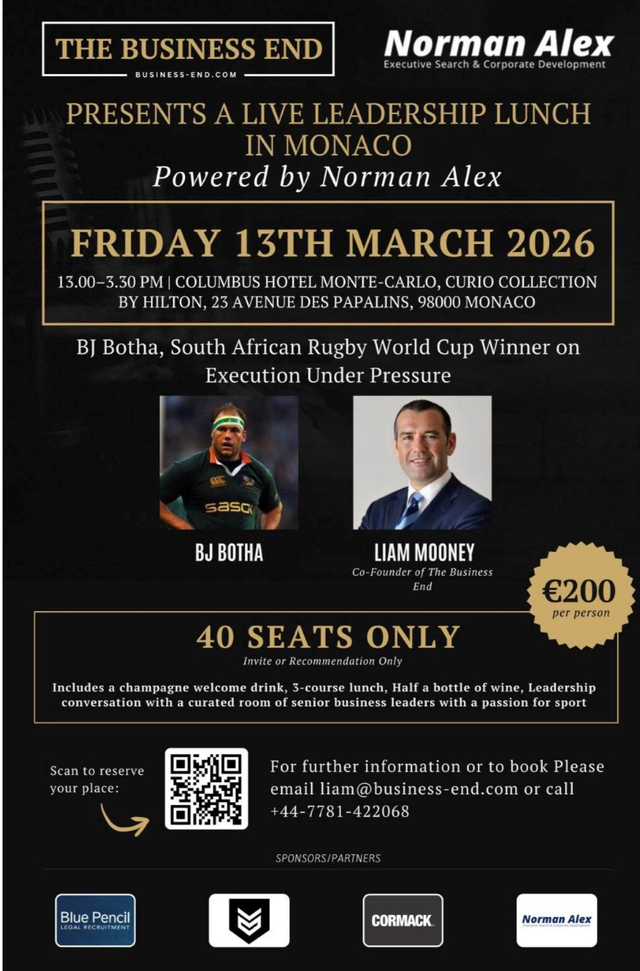 MONACO - BJ BOTHA - SOUTH AFRICAN WORLD CUP WINNER - PERFORMANCE UNDER PRESSURE