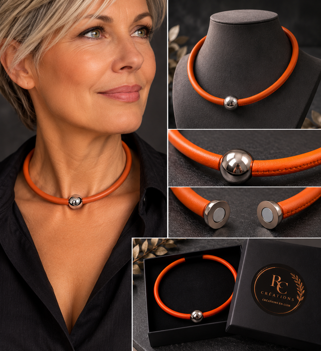 Collier « Éclat Cognac » – Cordon effet cuir et perle argentée – Taille S (36 cm)