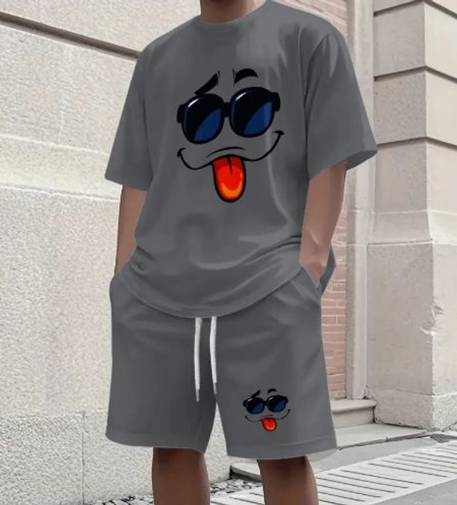 Men's Fashion Casual Short Sleeve Shorts 3D Set
