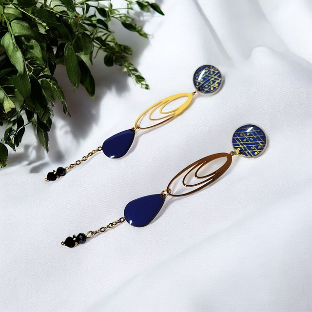 Boucles d'oreilles pendantes motifs japonais bleu foncé