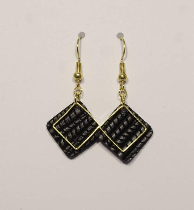 Black Leather and Gold Square Earrings
