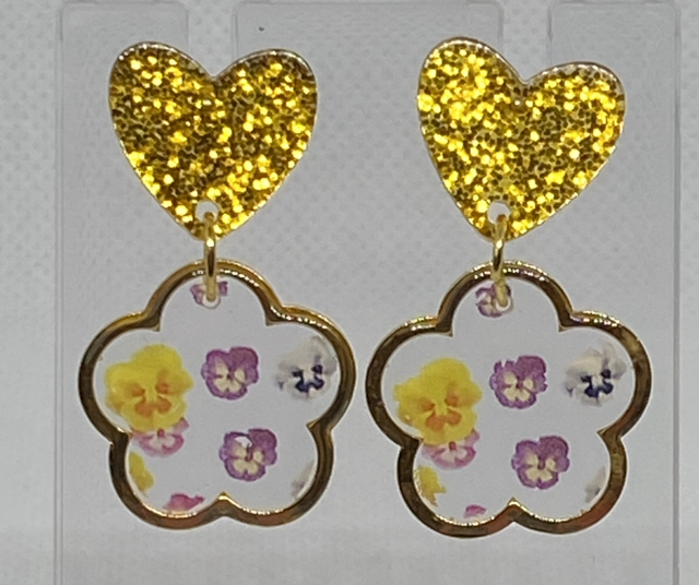 Gold pansy/viola flower earrings 