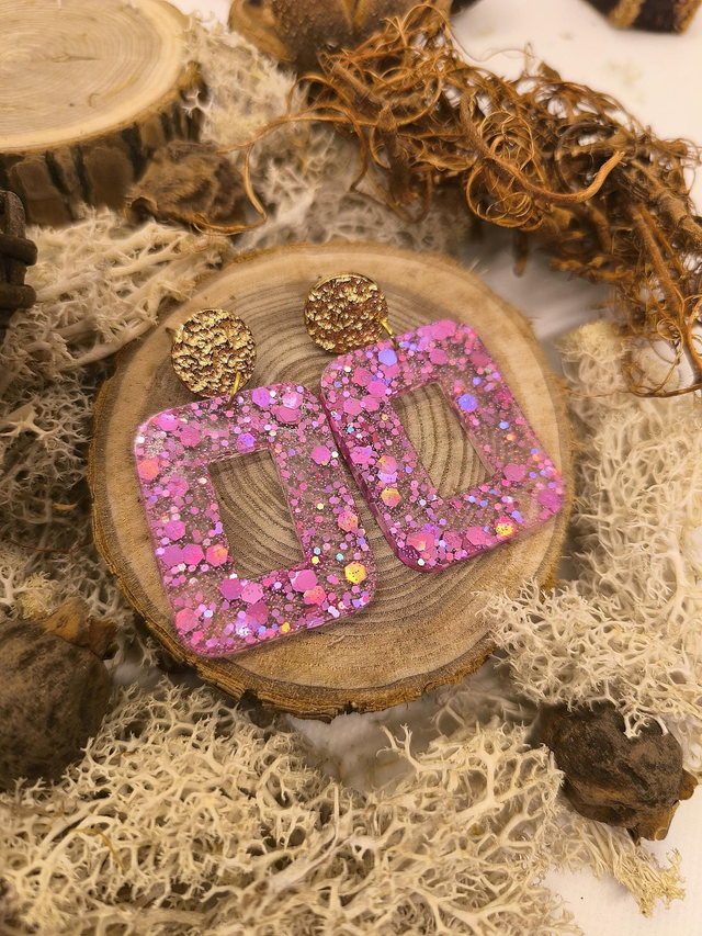 Boucles d&#039;oreilles rectangle (large) rose pailletté holographique 