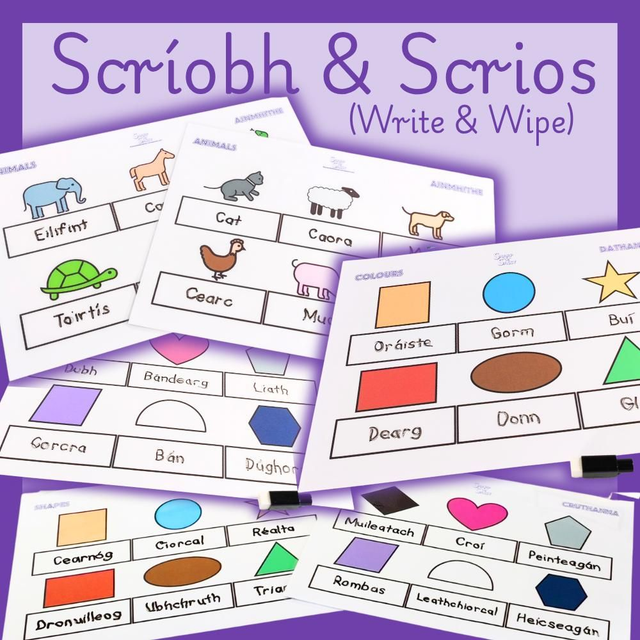 Ainmhithe, Dathanna &amp; Cruthanna - Scríobh &amp; Scrios (Animals, Colours &amp; Shapes - Write &amp; Wipe)