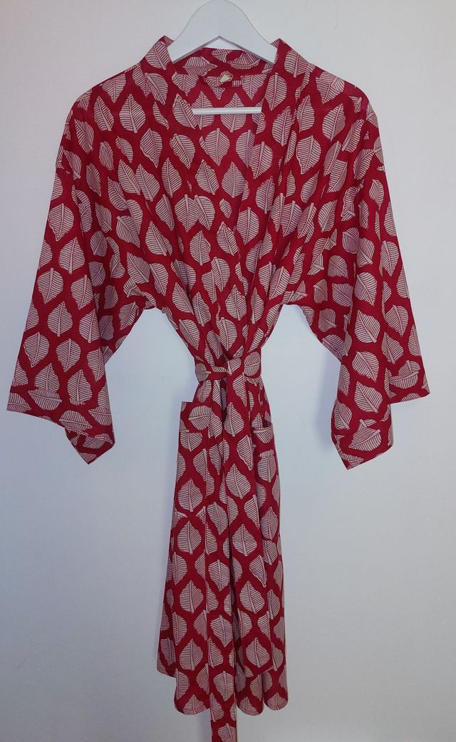 Robe kimono en coton, peignoir, robe de chambre, motif feuilles blanches sur rouge, L.100cm   