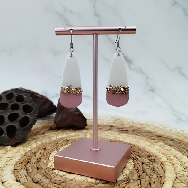 Boucles d'oreilles Vieux Rose, Blanc et Rocaille Argentée