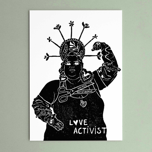 Linogravure "Love Activist" - "Muy bien Muy Lesbienne" Portrait de la queen Barbara Butch