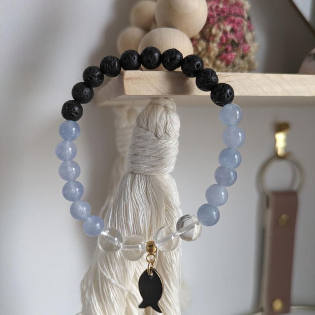 Bracelet pierre de lave🖤, cristal de roche🤍 et aigue marine🩵