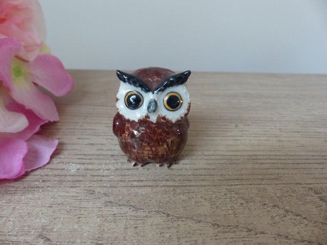 Petit hibou miniature en céramique peint à la main – Figurine vintage porte-bonheur à collectionner, décoration originale, cadeau animalier