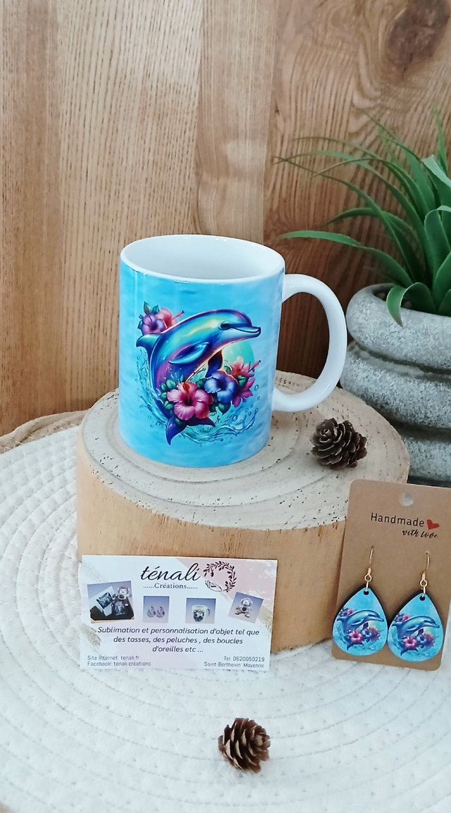 Box S : Tasse + Boucle d&#039;oreilles &quot;Dauphin&quot;  