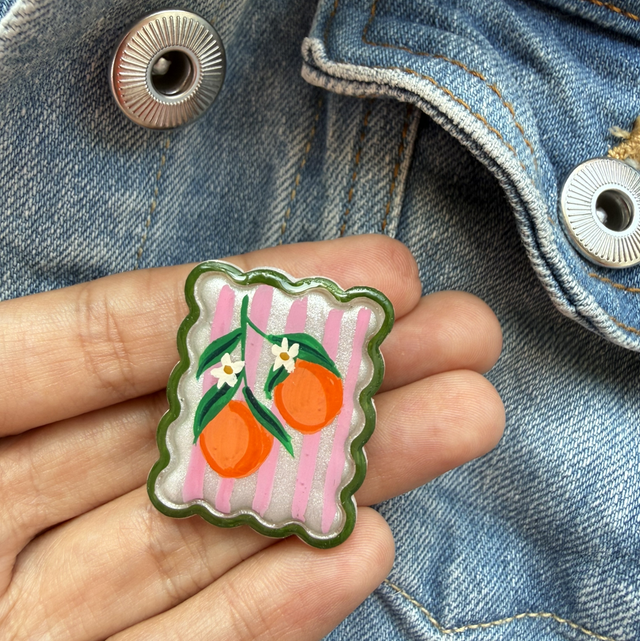 Orange Blossom Pink Stripe Postage Stamp Pin Badge