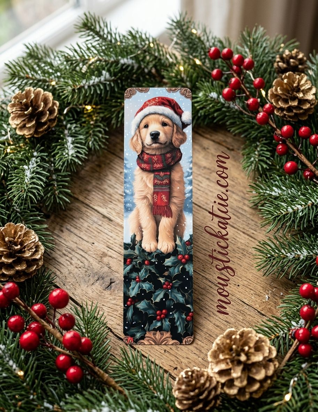 Marque-page Chiot Bonnet de Père Noël en Papier Cartonné – Accessoire de Lecture Festif &amp; Féerique