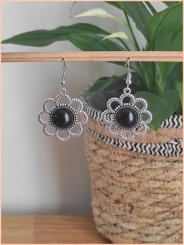 Boucles d&#039;oreilles crochet, pierre naturelle - Obsidienne noire