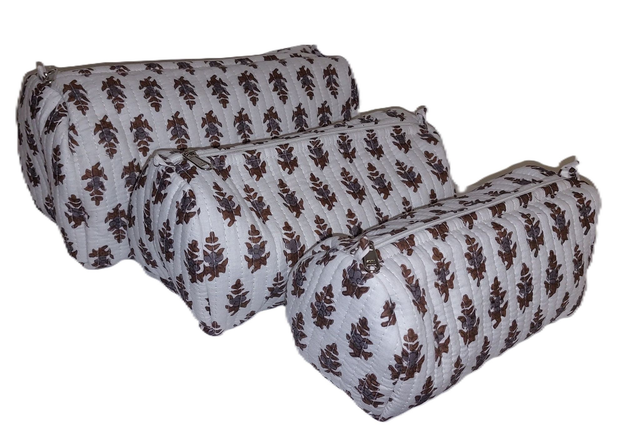 Trousse de toilette matelassée – Trousse de maquillage - Coton doublé fait main - Marron, gris, blanc