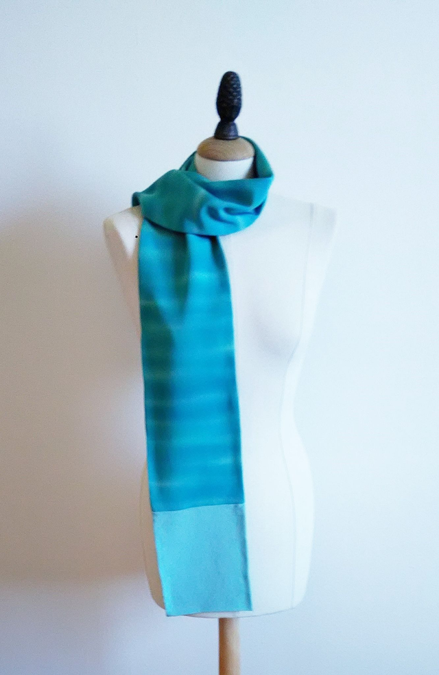 Silk Scarf, Green Blue Color, BOKASHI Gradation Pattern Vintange Japanese Kimono Silk and Italian Silk,Hand Dyed with Indigo Leaf