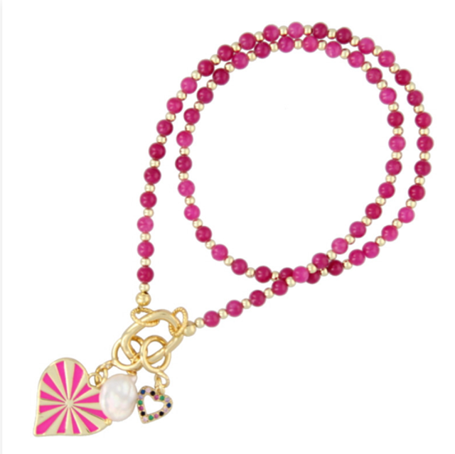FUSHI KETTING 4MM STEENKRALEN FUCHSIA MET CLIP EN BEDELS