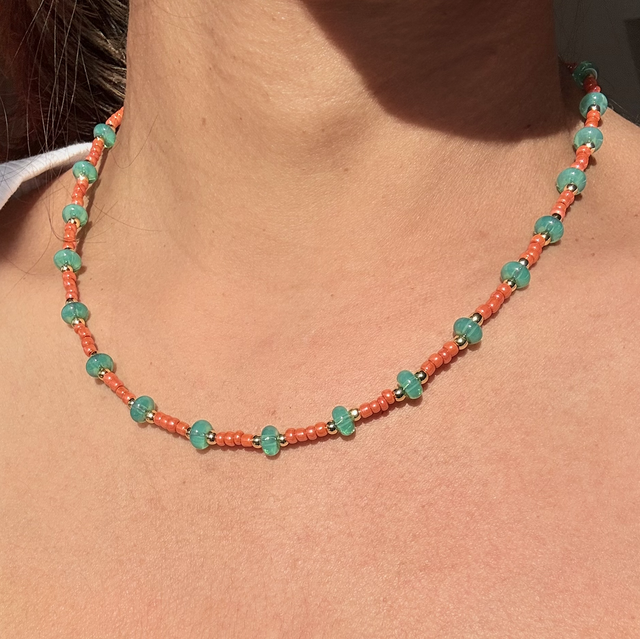 NALA - Coral Orange & Turquoise Beaded Choker Style Necklace