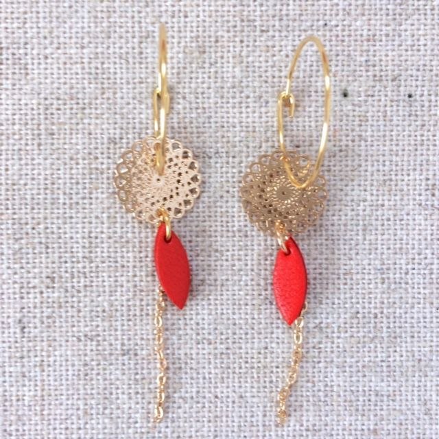 Boucles d’oreilles « Cantino » dorées, cuir orange vif