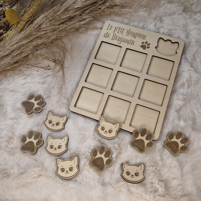 Jeu de morpion Tic Tac Toe pour enfant en bois gravé - décor Chat