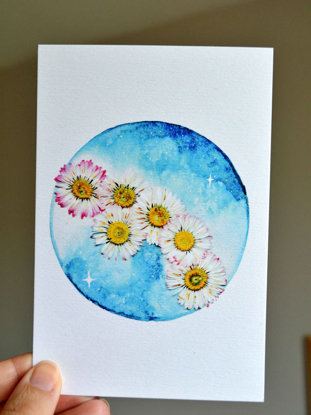 Carte A6 Lune fleurie à l&#039;aquarelle