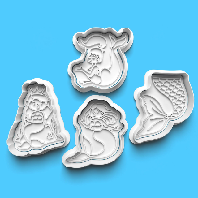 Mermaid Cookie Cutter Embosser Set of 4 Cutters & Stamps Biscuit Mould Debossed Sugar Biscuits