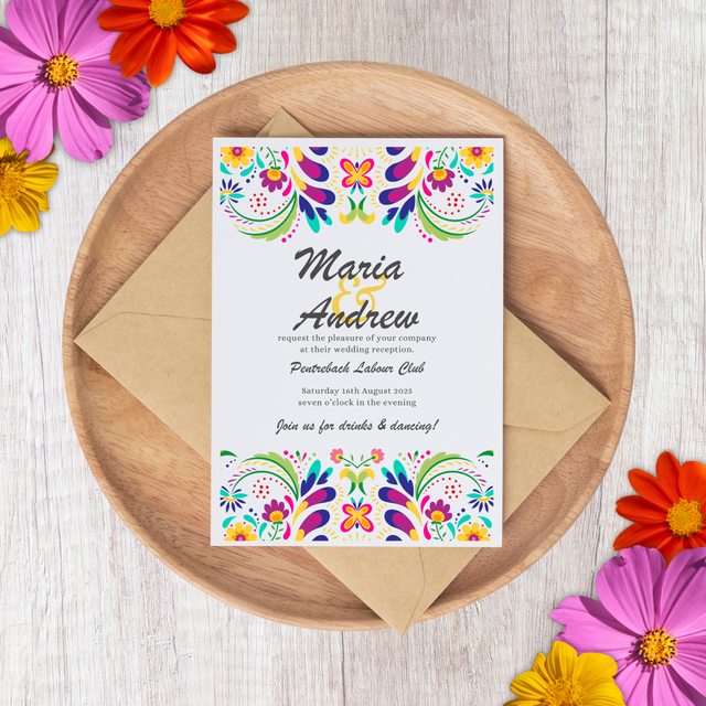 Maria - bright colourful florals and bunting - festival fiesta - A5 wedding invitation