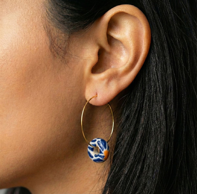 Klein Blue Flower Circular Loop Ceramic Earrings