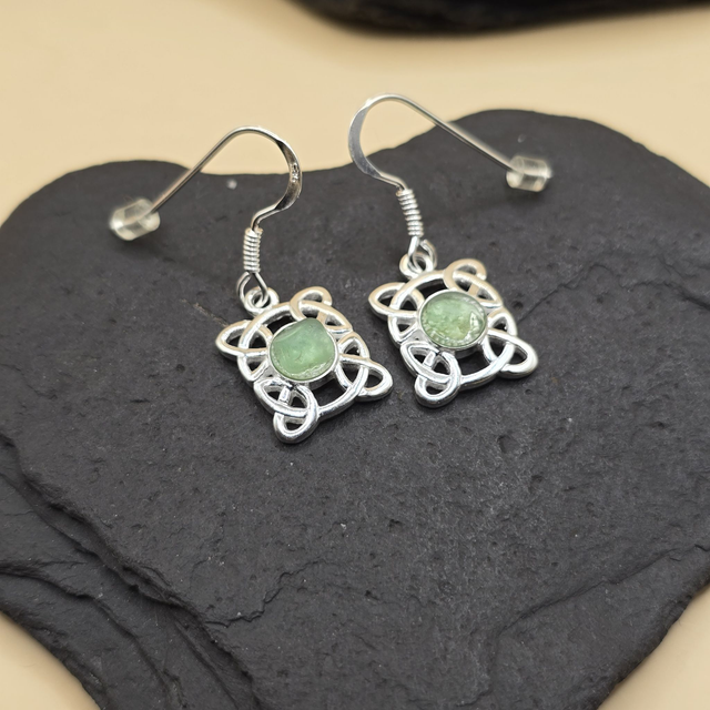 925 Drop or Stud Celtic Rectangle Earrings with Scottish Seaglass Seaglass