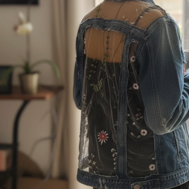 Veste en jean customisée dentelle taille L