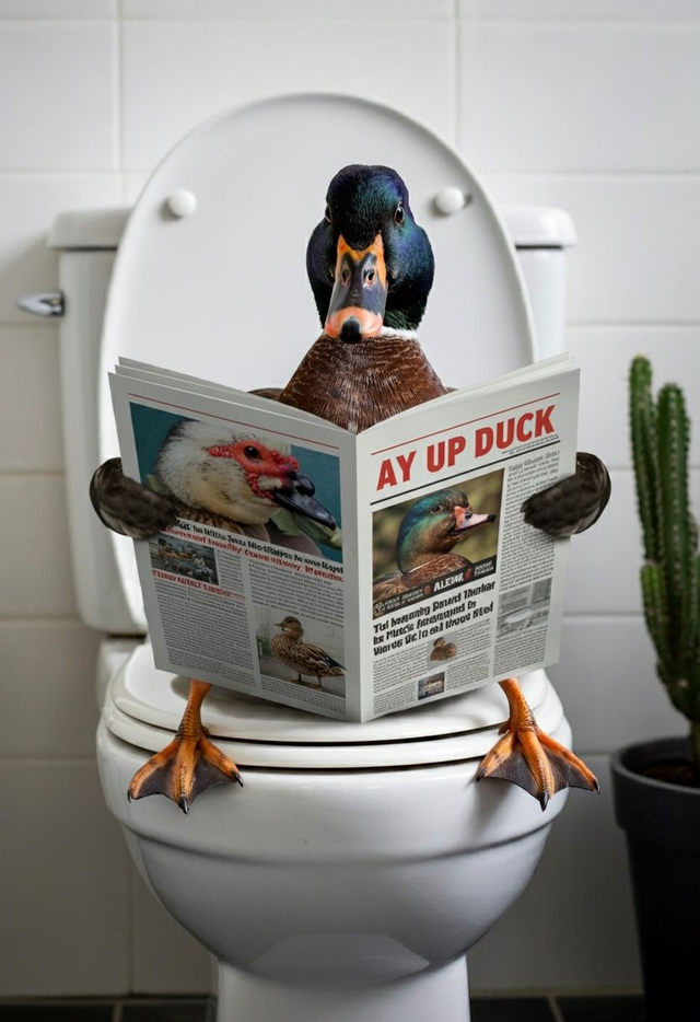 Duck on the Toilet Framed Canvas