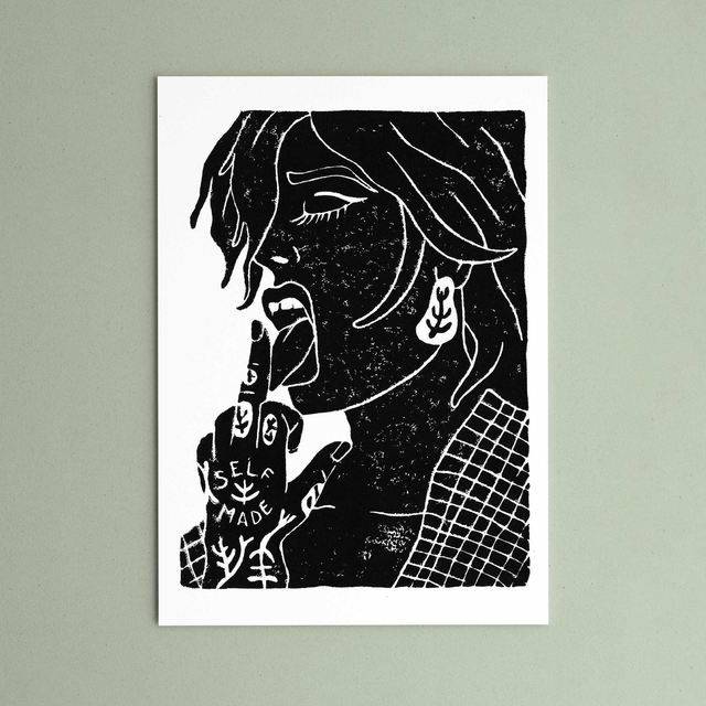 Linogravure "Self Made" -  Portrait d'une personne queer badass