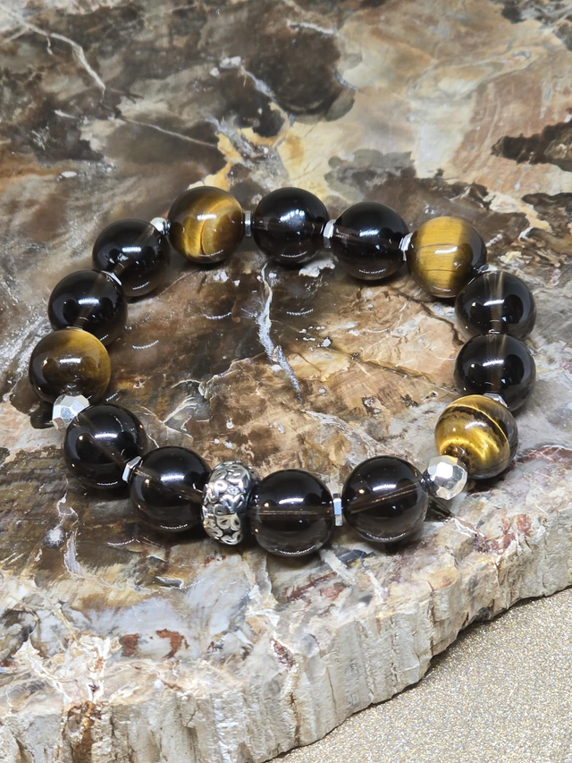 Bracelet Quartz fumé, Œil de tigre XL en 1,2 cm 