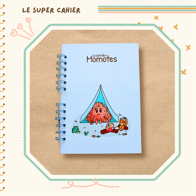 Cahier reliure spirale illustré d'une momote en camping