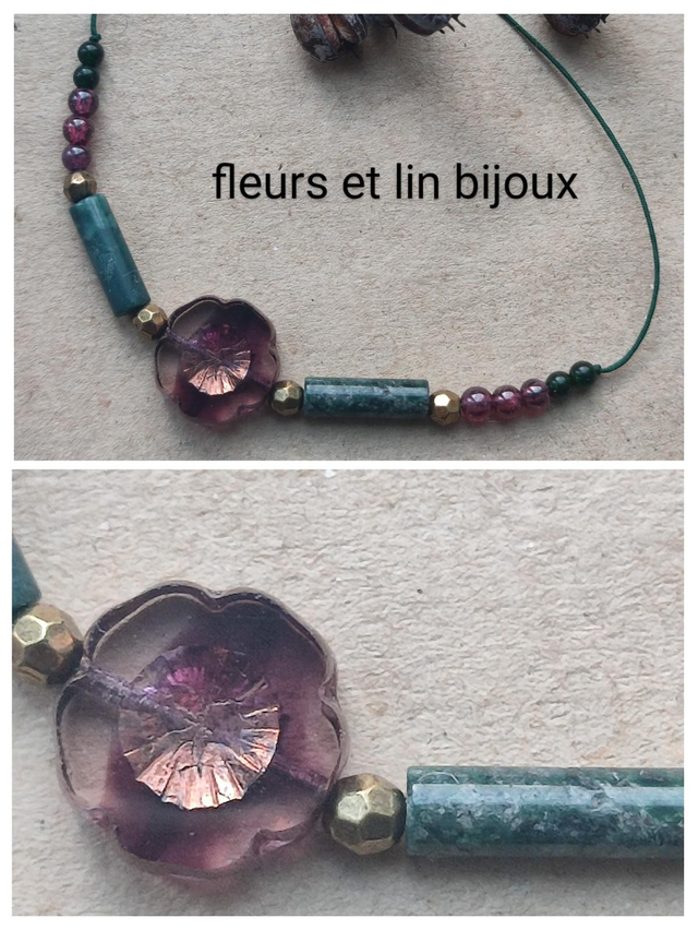 Z-Bracelet fleur en verre violine et or , pierres naturelles(grenat, sodalite)monté sur fil de jade ( résistant) réglable 